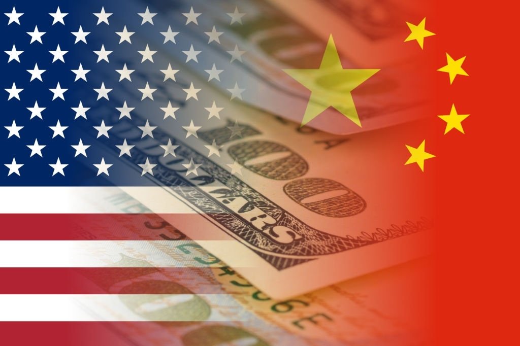 united states and china flags with dollars banknotes mixed image
