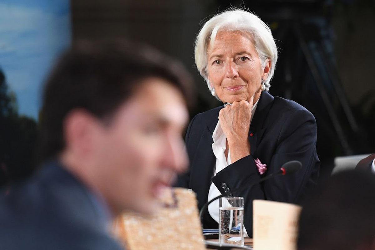 QUEBEC CITY, QC - JUNE 09:  Christine Lagarde watches Canadian Prime Minister Justin Trudeau as he makes the opening remarks during the G7 Outreach working session on day two of the G7 Summit on June 9, 2018 in Quebec City, Canada. Canada are hosting the leaders of the UK, Italy, the US, France, Germany and Japan for the two day summit, in the town of La Malbaie.  (Photo by Leon Neal/Getty Images)