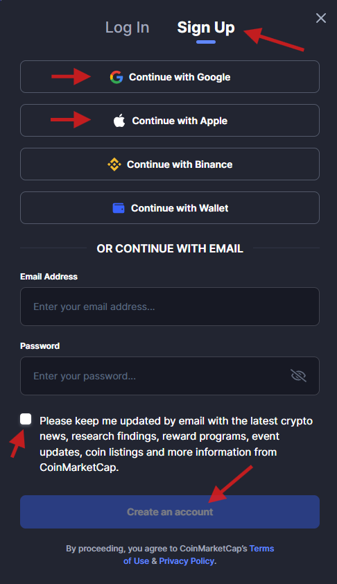 نحوه باز کردن حساب در کوین مارکت کپ