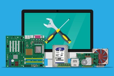 Computer monitor, motherboard, hard drive, cpu, fan, graphic card, memory, screwdriver and wrench. Assembling PC repair and service. Personal computer hardware. Vector illustration in flat style